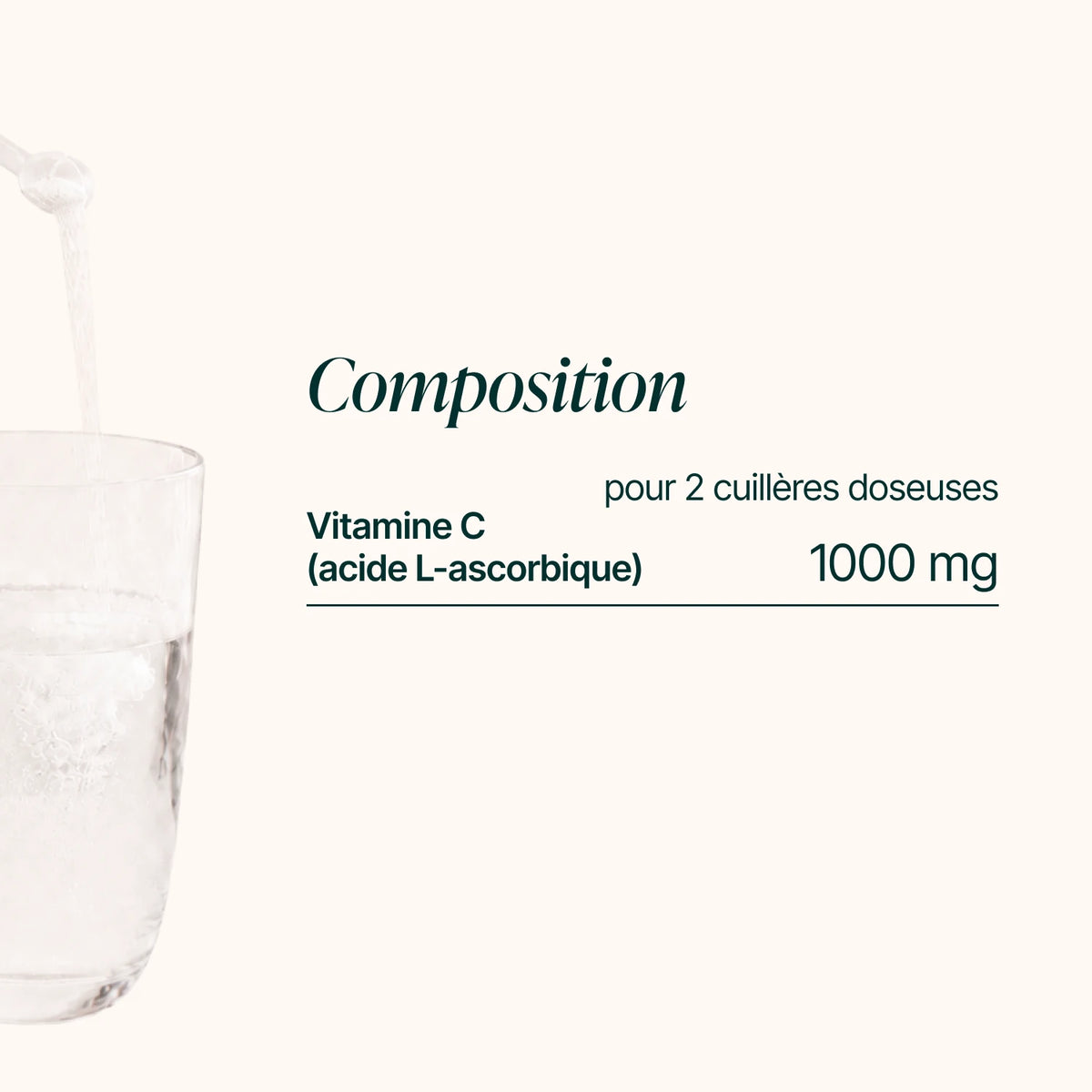Composition de la Vitamine C en Poudre : 1 000 mg de vitamine C pour 2 cuillères doseuses
