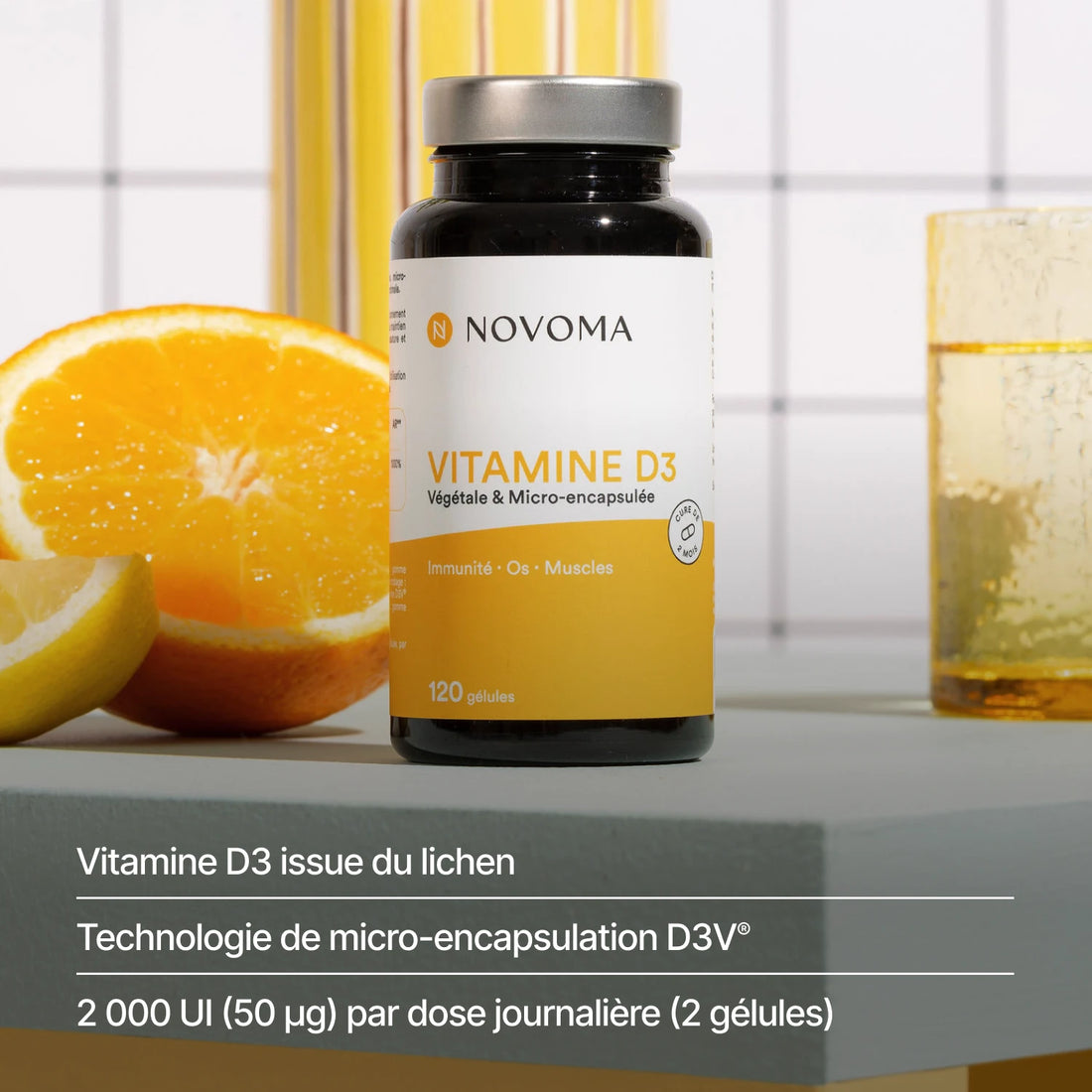 Vitamine D3 et oranges : D3 issue du lichen, micro-encapsulée, 2 000 UI pour 2 gélules