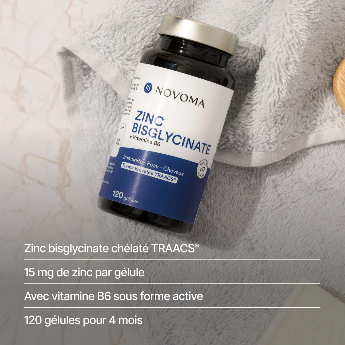 Zinc Bisglycinate : 15 mg de zinc TRAACS® par gélule, avec vitamine B6, 120 gélules pour 4 mois