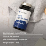 Zinc Bisglycinate : 15 mg de zinc TRAACS® par gélule, avec vitamine B6, 120 gélules pour 4 mois