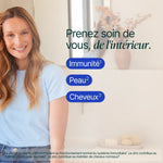 Femme souriante, main sur la joue : prenez soin de vous de l'intérieur, immunité, peau et cheveux