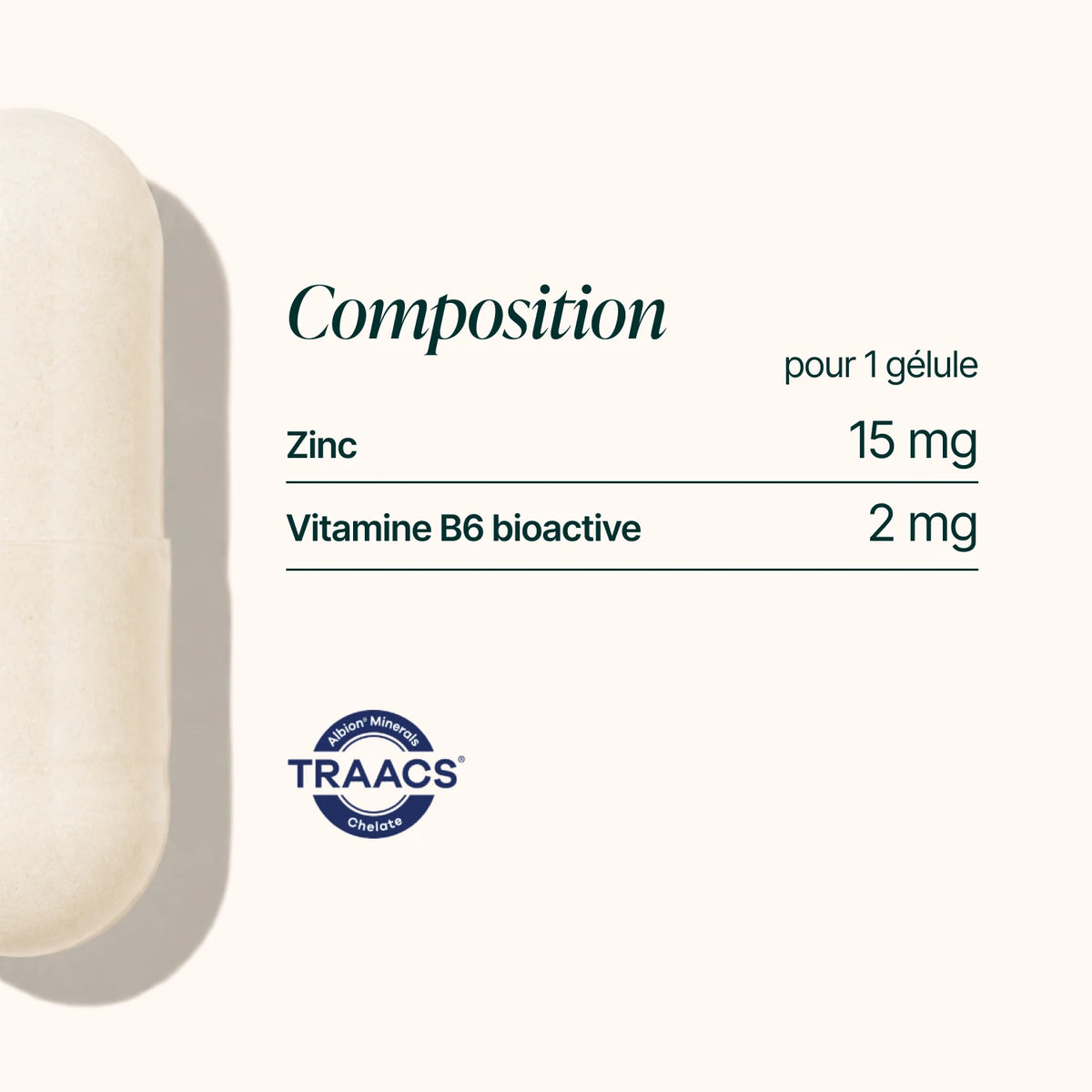 Composition du Zinc Bisglycinate : 15 mg de zinc et 2 mg de vitamine B6 par gélule