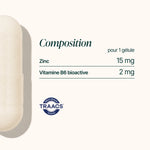 Composition du Zinc Bisglycinate : 15 mg de zinc et 2 mg de vitamine B6 par gélule